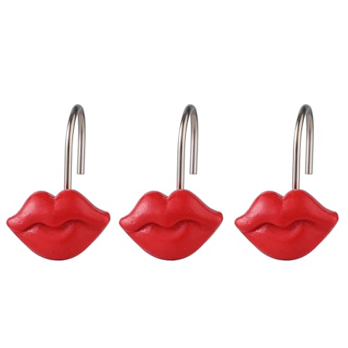 Twofish Home Vermilion Lips Shower Curtain Hooks Vermilion Lips Anti Rust Shower Curtain Hooks Decorative Resin Vermilion Lips Shower Curtain Rings Set of 12 - color: Red