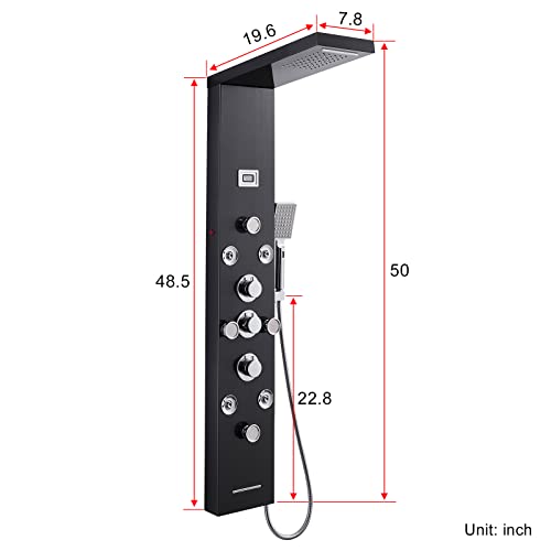 POPFLY 6 In 1 LED Shower Panel Tower System, 8 Body Massage Jets, 304 Stainless Steel Wall Mount Rainfall ＆ Waterfall Shower Column Towers with Temperature Display, Tub Spout, Black - color: 8 Jets-Black