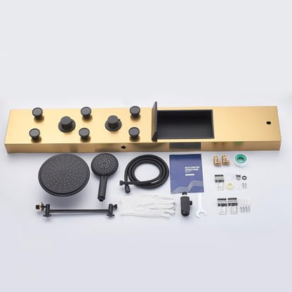 POPFLY Shower Panel Tower System with Shelf, Adjustable Shower Arm Height 8-inch Rainfall Head System, Stainless Steel Shower Panel, 6 Body Jets and 5-Setting Handheld Shower, Brushed Gold - color: 6 Jets with Shelf-Brushed Gold