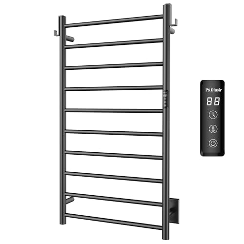 P&Dlusir EL13 Heated Towel Rack, Matte Black, 10 Bar | Fast Heat in 2 Min, Smart Timer, Thermo Control, Memory Functoion, Stainless Steel, Hard-Wired/Plug-in - color: Matte Black, size: 21.65"W x 39.37"H