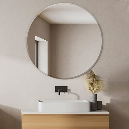 42 Inch Round Frameless Bathroom Vanity Mirror with Beveled Edge - Shatterproof Circle Wall Mounted Decorative Glass with Safety Backing for Living Room Bedroom Hallway Entryway - Fab Glass and Mirror - size: 42"L x 42"W, style: Round