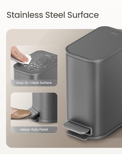 Cesun Small Bathroom Trash Can with Lid Soft Close & Pedal, 1.3 Gal, Gray | Removable Inner Bucket, Slim Stainless Steel Garbage Can for Bedroom/Office, Included 5 Trash Bags, Hidden Bag, Built to Last - color: Gray