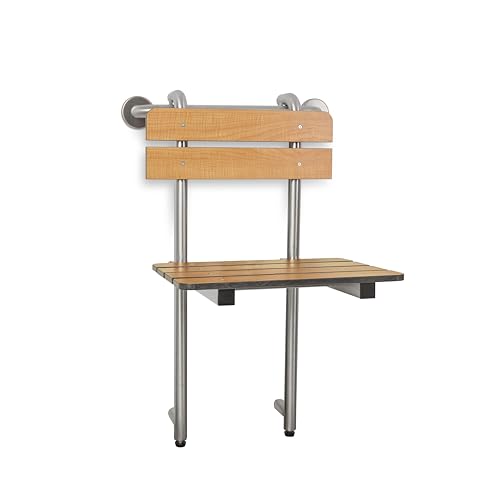Seachrome Profile Folding Shower Seat with 18 inch Grab Bar, Removable Hanging Bench with Backrest & Legs, Teak Phenolic Seat, Stain Stainless Steel Grab Bar - color: Teak Phenolic Seat