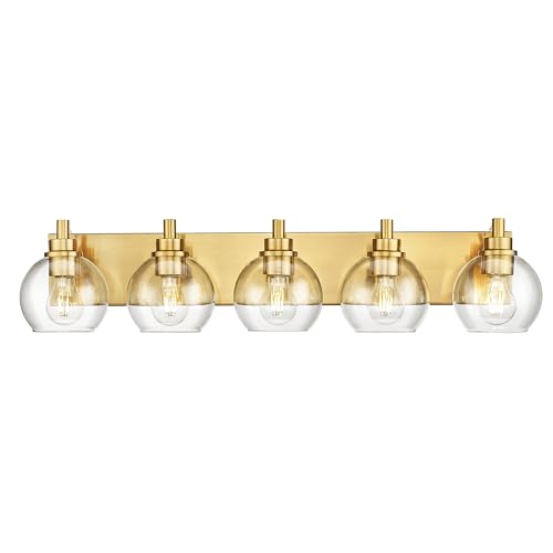 5-Light Brushed Gold Bathroom Vanity Light, Clear Glass Globe Shade | 32" modern bathroom light fixtures over mirror, E26 base, bulbs not included, VL195-BG-CL-5 - color: Brushed Gold, Clear Glass, size: 5-light