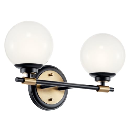 Kichler Benno 2-Light Bathroom Vanity Light Fixture with Opal Glass, Modern Black and Champagne Bronze Light for Powder Room or Bath (8.75 in x 14.75 in), 55171BKCPZ - color: Black and Bronze, size: 14.75"