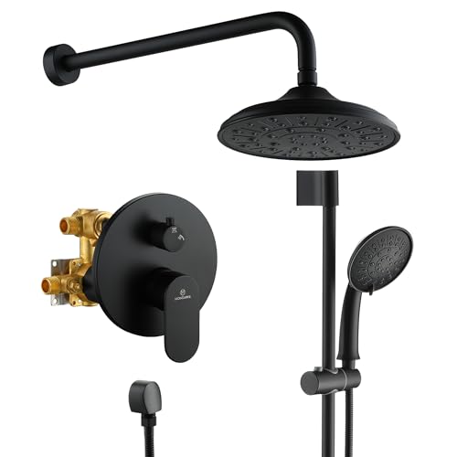 MONDAWE 8 Inch Wall Mounted Shower Faucet Set in Matte Black, Rainfall Shower Head with 3-Setting Handheld Spray Shower Set Combo, High Pressure Shower System with Solid Brass Valve - color: Matte Black, style: 8 IN - Without Tub Spout