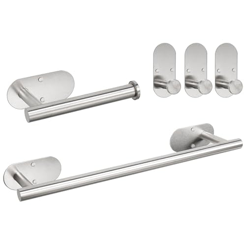 TocTen 5 Pieces Wall Mounted or Self Adhesive Towel Bar Set, Stainless Steel Bathroom Hardware Set Include 16″ Towel Rack, Toilet Paper Holder, 3 Towel Hook, Sticky Bathroom Accessory Kit (Silver)