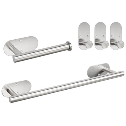 TocTen 5 Pieces Wall Mounted or Self Adhesive Towel Bar Set, Stainless Steel Bathroom Hardware Set Include 16″ Towel Rack, Toilet Paper Holder, 3 Towel Hook, Sticky Bathroom Accessory Kit (Silver)