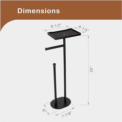 Free Standing Toilet Paper Holder Stand with Phone Shelf, Holds 5 Paper Rolls, Black Tissue Roll Holder for Bathroom, Sturdy Engough for Potted Plants