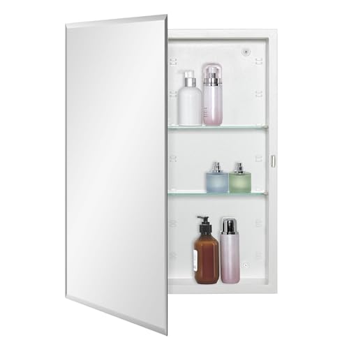 IDYLLOR Bathroom Medicine Cabinet with Beveled Edge Mirrored Door 20 x 26 inch, Recessed or Surface Mount, with Adjustable Glass Shelves - color: Matt White, size: 20x26 inch Beveled Edge Mirror