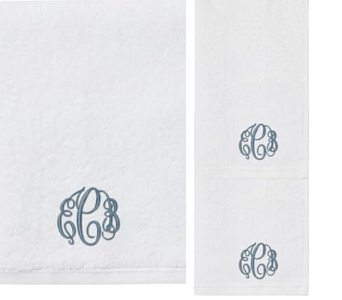 Personalized Monogrammed Bath Towel Set, 100% Cotton, Custom Embroidered Initials, Hotel Style, White Navy Grey Beige - color: White