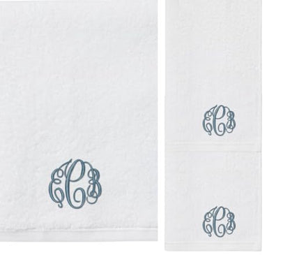 Personalized Monogrammed Bath Towel Set, 100% Cotton, Custom Embroidered Initials, Hotel Style, White Navy Grey Beige - color: White