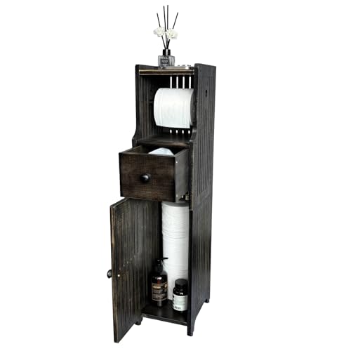 Bamboo FreeStanding Toilet Paper Holder with Storage Drawer & Shelf, Slim Cabinet for Small Spaces/Bathroom, Wipes Storage (Vintage Black)