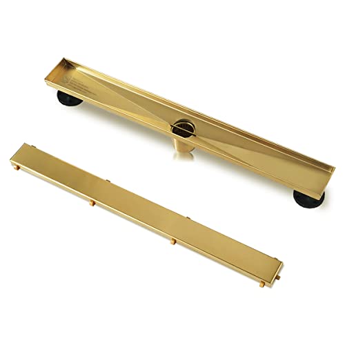 Neodrain 28" Gold Linear Shower Drain,2-in-1 Flat& Tile Insert Cover | 304 Stainless Steel,Fast Drainage, Durable,Rectangle Shower Floor Drain with Adjustable Feet,Hair Strainer,Fits Bathrooms - color: Golden, size: 28 In