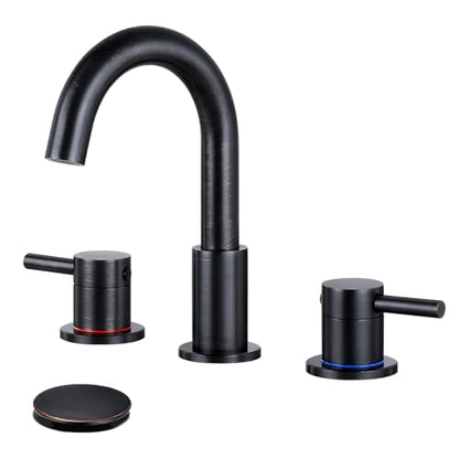 FGKQ 3-Hole 2-Handle Widespread Bathroom Sink Faucet, Oil Rubbed Bronze | Stainless steel, pop-up drain included, 360°swivel spout, for vanity sink 3-hole mount, 8-in widespread - color: Oil Rubbed Bronze