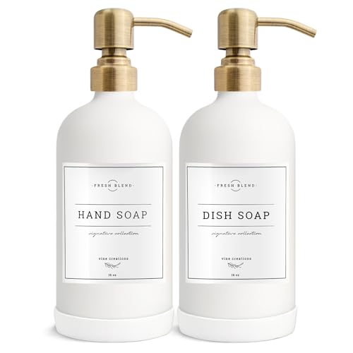 Vine Creations White Glass Soap Dispenser, 2 Pack Kitchen Soap Dispenser Set with Stainless Steel Pump, 16 oz Dish Soap and Hand Soap Dispensers for Bathroom with Waterproof Labels - color: Matte White Bottle / Brushed Brass Pump