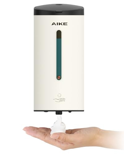 AIKE Automatic Foaming Soap Dispenser 25oz for Bathroom,Mattewhite AK1205FA | Rich Foam and Stainless Steel,No-drill and Screw Wall Mount,5-Level Adjustable and Key for Commercial(Batteries Not Included) - color: Matte White Stainless Steel