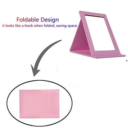 Foldable Travel Desk Mirror, Pink | HD Vanity Mirror with Adjustable 90°/145° Stand,Slim Leather-Covered - color: Pink