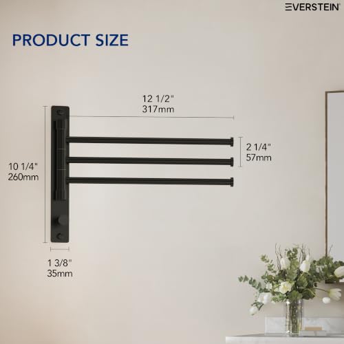 Swivel Towel Rack, Matte Black, 12.5 in, 3-Arm Towel Bar | 304 Stainless Steel, Space Saving, Wall Mounted, With Hook - color: Matte Black