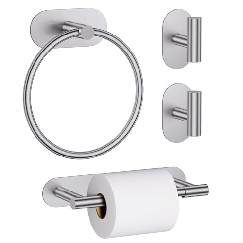 Self Adhesive Brushed Nickel Toilet Paper Holder Towel Holder for Bathroom Wall, No Drilling Bathroom Hardware Set, SUS304 Stainless Steel Towel Ring Hand Towel Holder for Bathroom, Kitchen - color: Brushed Nickel