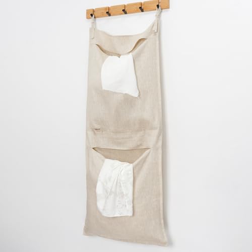 100% Linen Hanging Laundry Bag with 2 Compartments, Over the Door Laundry Hamper, Dirty Clothes Space Saving Organizer 19.7 x 47 Inches, Linen