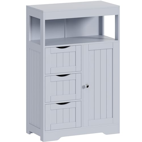 YESHOMY Bathroom Storage Cabinet Freestanding Floor Cupboard with 1 Door and 3 Drawers for Kitchen, Living Room, Gray - color: Grey