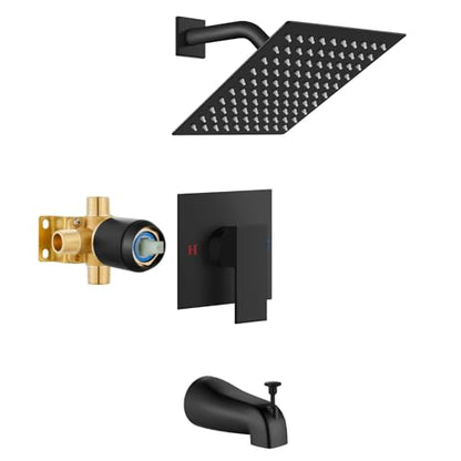 Airuida 8 Inch Shower Faucet Set,Bathtub Faucet Kit,Matte Black | Shower Tub Faucet Set,Male Threads Rough-In Valve,Square Head Shower System - color: Black, size: 8 Inch