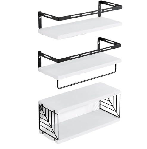 Bathroom Shelves Over Toilet Wall Mounted Floating Shelves 3+1 Rustic Wood Floating Shelves with Metal Frame and Towel Bar for Bathroom, Living Room,Bedroom and Kitchen (White, Leaf Grid)