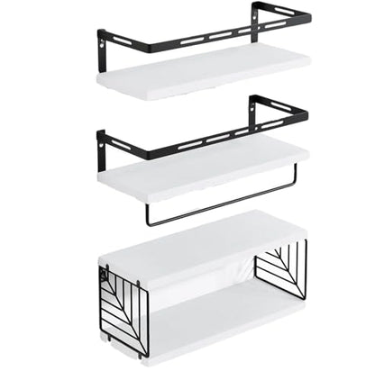 Bathroom Shelves Over Toilet Wall Mounted Floating Shelves 3+1 Rustic Wood Floating Shelves with Metal Frame and Towel Bar for Bathroom, Living Room,Bedroom and Kitchen (White, Leaf Grid)