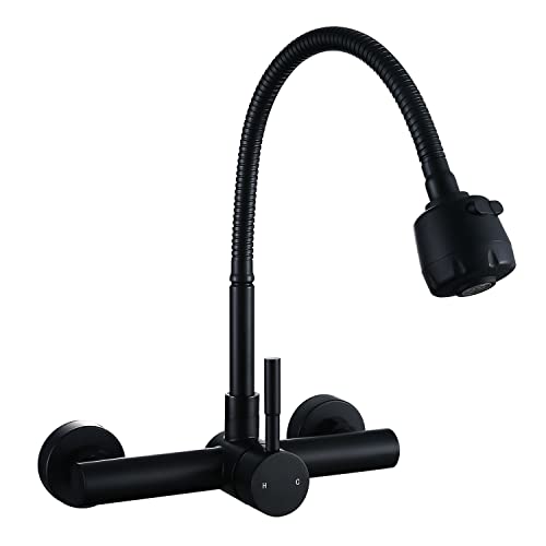 Wall Mount Faucet 8"" Center, Black Sink Mixer Tap, Laundry Utility Faucets | 304 Stainless Steel Constructed, Rotatable, 2-Function Sprayer ,Flexible Hose - color: Black
