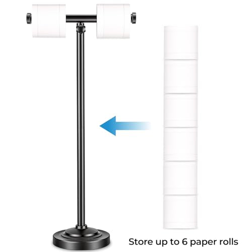 28" H Pivoting Toilet Paper Holder, 3.5lbs Extra-Weighted Base, No Tipping Rustproof, Taller Version, Free Standing Bathroom Floor Tissue Stand with Storage for up to 8 Rolls, Matte Black