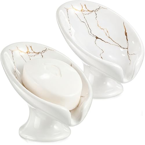 2 Pack Soap Dishes for Bar Soap Holder Ceramic Decorative Self Draining Leaf Shape Design for Sink Modern Bathroom Shower Kitchen, Marble Pattern(White Gold) - color: White Gold