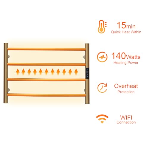 Electric Towel Rack with Voice Control for Alexa & Google Home,TUYA - Wall-Mounted Bathroom Heating Towel Warmer,Plug-in,Stainless Steel Material,16.54x23.62x5.51 in,Gold，4 Bars - color: Gold With Wifi, size: 4 Bar
