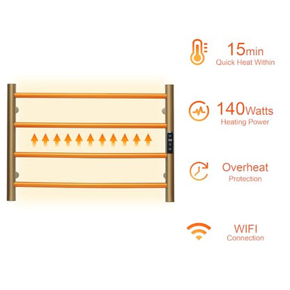 Electric Towel Rack with Voice Control for Alexa & Google Home,TUYA - Wall-Mounted Bathroom Heating Towel Warmer,Plug-in,Stainless Steel Material,16.54x23.62x5.51 in,Gold，4 Bars - color: Gold With Wifi, size: 4 Bar