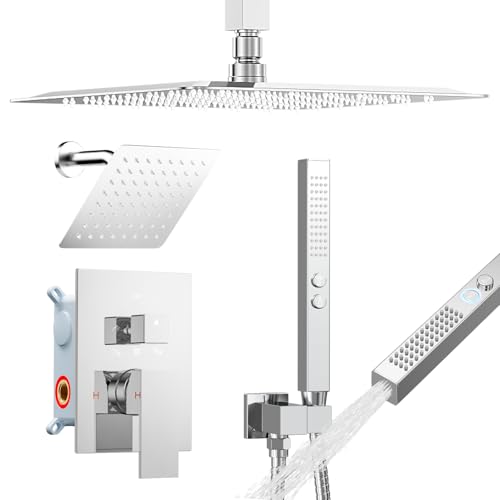 STARBATH Shower Faucet Set Shower System with Diverter Valve, Chrome | 12 Inch Ceiling Mount Rain Shower Head, 6 Inch Wall Mount Rainfall Shower Head and 2-in-1 Handheld Spray for Two Person - color: Chrome, size: 12"+6"-03