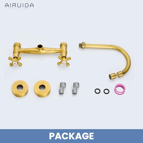 Airuida Antique Brass Wall Mounted Kitchen Faucet,Utility Sink Faucet | 8 Inch Adjustable Center,360° Swivel Spout,Wall Mount Commercial Faucet,Double Cross Handle - color: Antique Brass