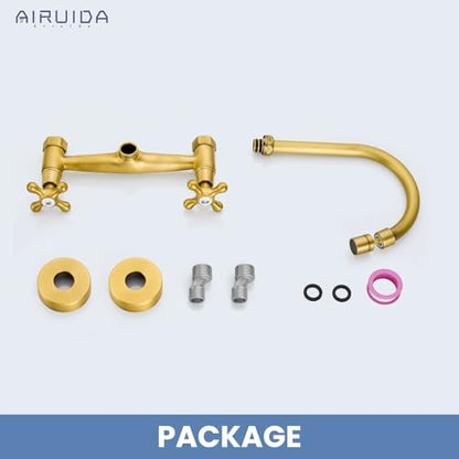 Airuida Antique Brass Wall Mounted Kitchen Faucet,Utility Sink Faucet | 8 Inch Adjustable Center,360° Swivel Spout,Wall Mount Commercial Faucet,Double Cross Handle - color: Antique Brass
