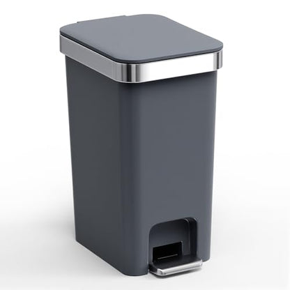 Bathroom Trash Can with Lid, 2.6 Gallon /10 Liter Small Garbage Can, Press Top Bin & Step Metal Pedal Trash Bin Plastic Wastebasket for Bedroom, Office, Kitchen, Dorm (Black Gray) - color: Dark Gray-1 Pack