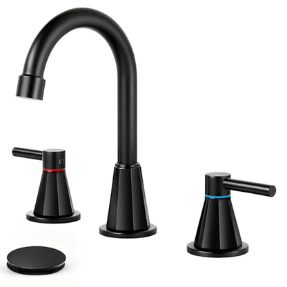 8 Inch Bathroom Faucet 3 Hole Black 2 Handle Bathroom Sink Faucet | Stainless Steel, 360° Swivel Spout, Widespread 2 Handle, Includes Pop-Up Drain,Water Supply Lines, Matte Black - color: Matte Black