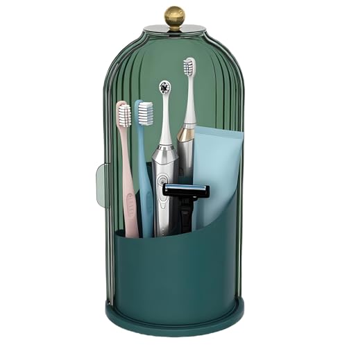 JEESA Dustproof Toothbrush Holder with Cover, All Green | 360° Rotating, 180° Sliding Lid, 3 Slots, Toothbrush Organizer, for Bathroom Countertop - color: All Green