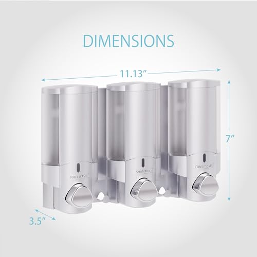 Better Living Aviva Wall Mount Shower Dispenser, 3 x 11 oz, Satin Silver | 3 Chamber, Shower Dispenser for Bathroom, Built-in Hooks, No Drill, Waterproof Dispenser Pump - color: Satin Silver, size: 3-Chamber