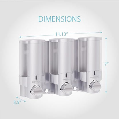 Better Living Aviva Wall Mount Shower Dispenser, 3 x 11 oz, Satin Silver | 3 Chamber, Shower Dispenser for Bathroom, Built-in Hooks, No Drill, Waterproof Dispenser Pump - color: Satin Silver, size: 3-Chamber