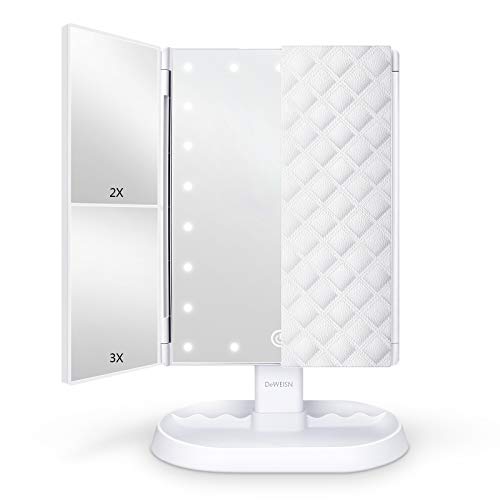 Trifold Lighted Vanity Makeup Mirror with 21 LEDs Lights,1x/2x/3x Magnification and Touch Screen Dimming,Two Power Supplies Makeup Mirror, Gift for Women - color: White