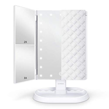 Trifold Lighted Vanity Makeup Mirror with 21 LEDs Lights,1x/2x/3x Magnification and Touch Screen Dimming,Two Power Supplies Makeup Mirror, Gift for Women - color: White
