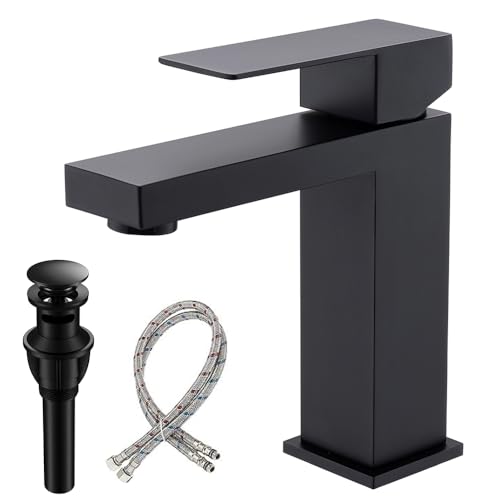 Matte Black Bathroom Faucet, Modern Single Handle Square Bathroom Sink Faucet with Pop Up Drain Assembly, Stainless Steel Vanity Bathroom Faucets, Single Hole Deck Mount,BF011B - color: S-Matte Black, style: Short
