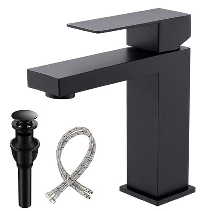 Matte Black Bathroom Faucet, Modern Single Handle Square Bathroom Sink Faucet with Pop Up Drain Assembly, Stainless Steel Vanity Bathroom Faucets, Single Hole Deck Mount,BF011B - color: S-Matte Black, style: Short