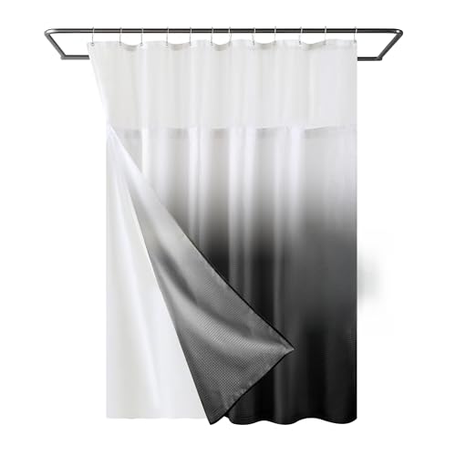 YI & ZE Black Waffle Weave Shower Curtain with Snap-in Liner, 72W x 72L | Slub Textured Heavy Fabric, Waterproof & Washable, Equipped with 12 Metal Hooks - color: Waffle Black, size: 72"W x 72"L (Pack of 1)