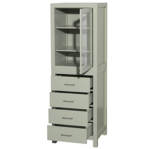 Wyndham Collection Sheffield 24 Inch Linen Tower in Light Green with Shelved Cabinet Storage and 4 Drawers
