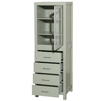 Wyndham Collection Sheffield 24 Inch Linen Tower in Light Green with Shelved Cabinet Storage and 4 Drawers