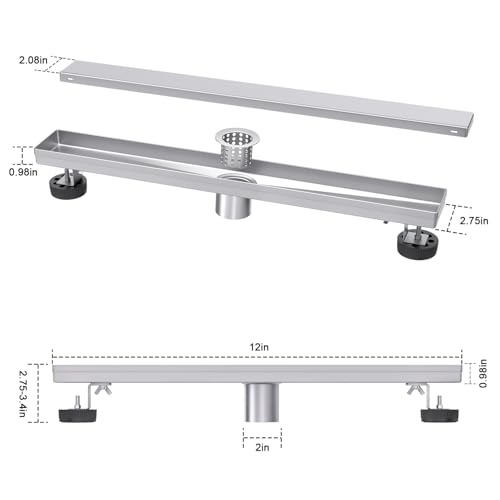 EXF Linear Shower Drain 12 Inch Brushed Nickel with Tileable Grate | 304 Stainless Steel, V-Slope Design, Debris Strainer, Seamless, Adjustable Height - color: Brushed Steel, size: 12 IN